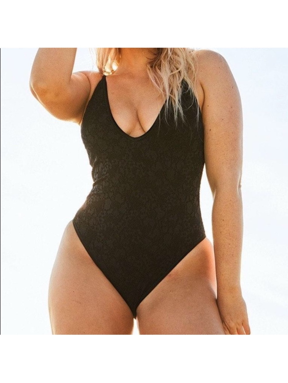 Aerie Black lace plunge open back one piece XL NWT